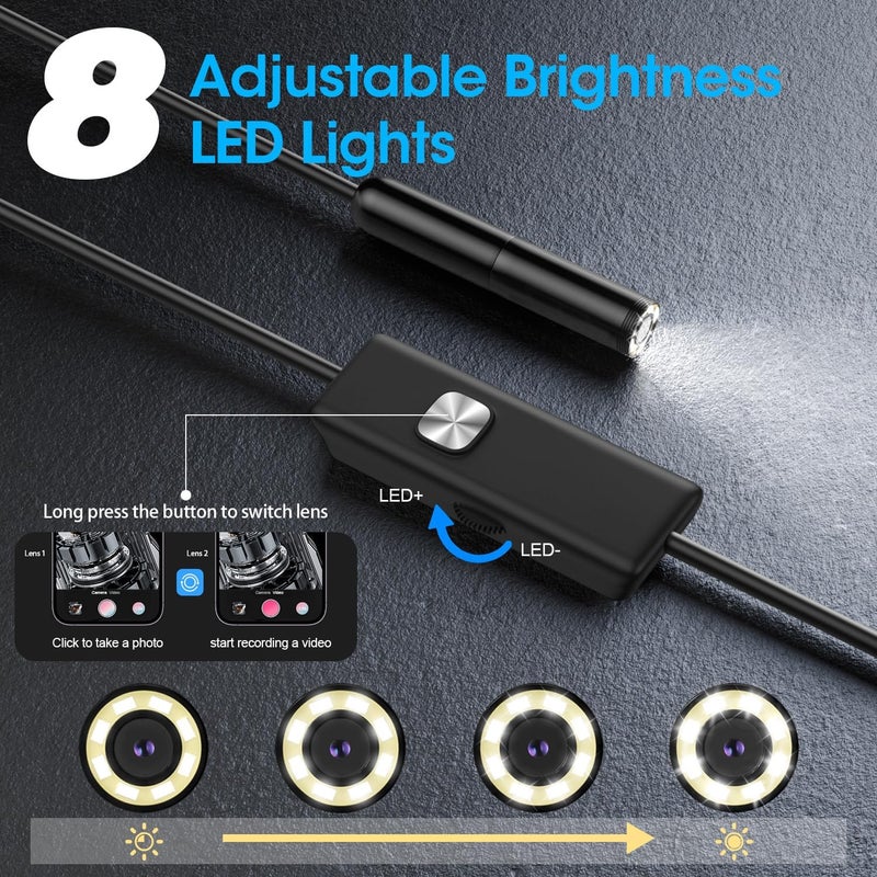 PAPIBLU Endoscope with Light, 1920P HD Borescope with 8 Adjustable LED Lights, 16.4FT Semi-Rigid Snake Camera, IP67 Waterproof Inspection Tool for iPhone & Android - Single Lens (Black) - Image 3